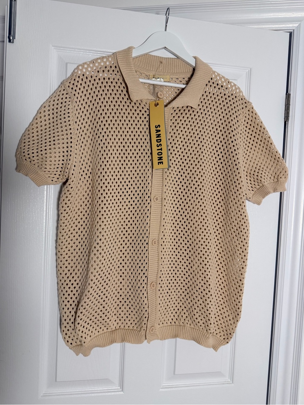 Sandstone Open Knit Button Front Polo Cardigan Top Beige Size Large NWT